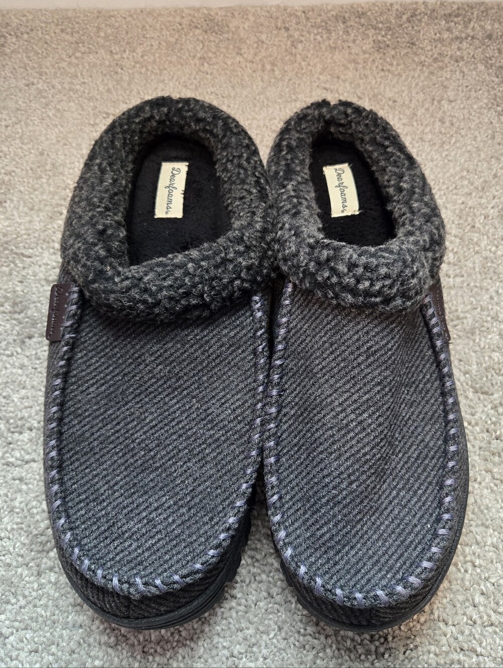 Dearfoams Men’s Charcoal Knit-Trim Slip-On Slippers- Large